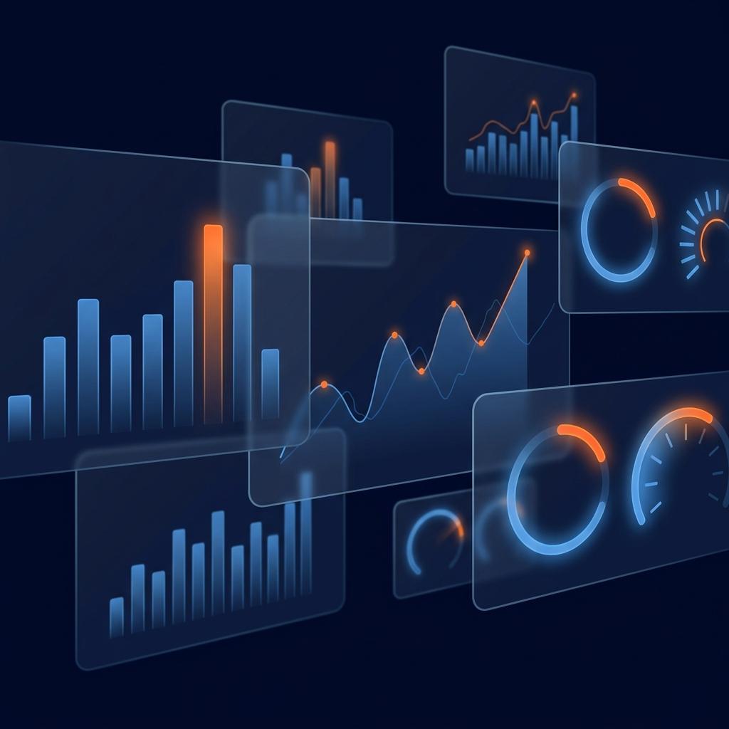 Analytics dashboard showing signal performance metrics with bar charts and circular gauges